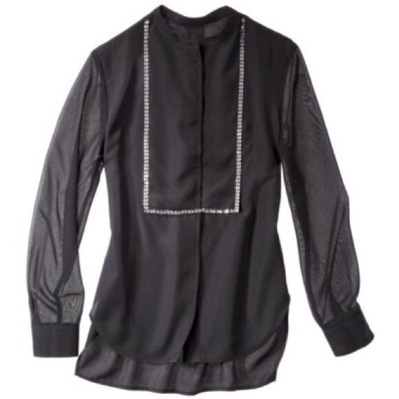 3.1 Phillip Lim Black Sheer Button-Up Crystal Tuxedo Blouse Women Size S - Picture 6 of 9